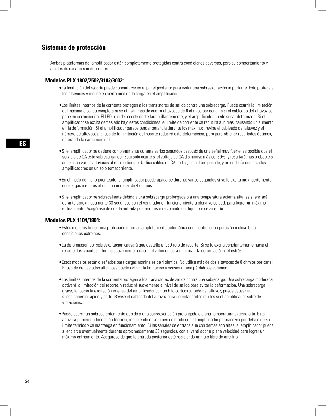 QSC Audio PLX3602, PLX1804, PLX2502, PLX1802 Sistemas de protección, Modelos PLX 1802/2502/3102/3602, Modelos PLX 1104/1804 