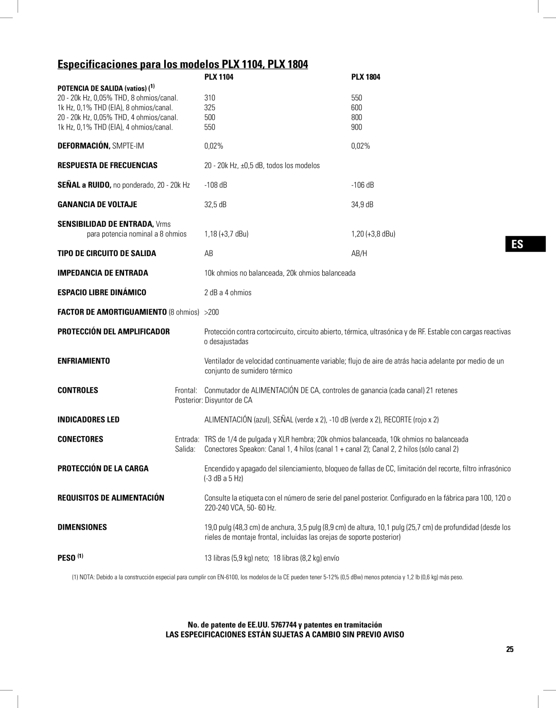 QSC Audio PLX1804, PLX2502, PLX1802, PLX3102, PLX3602 user manual Especificaciones para los modelos PLX 1104, PLX 