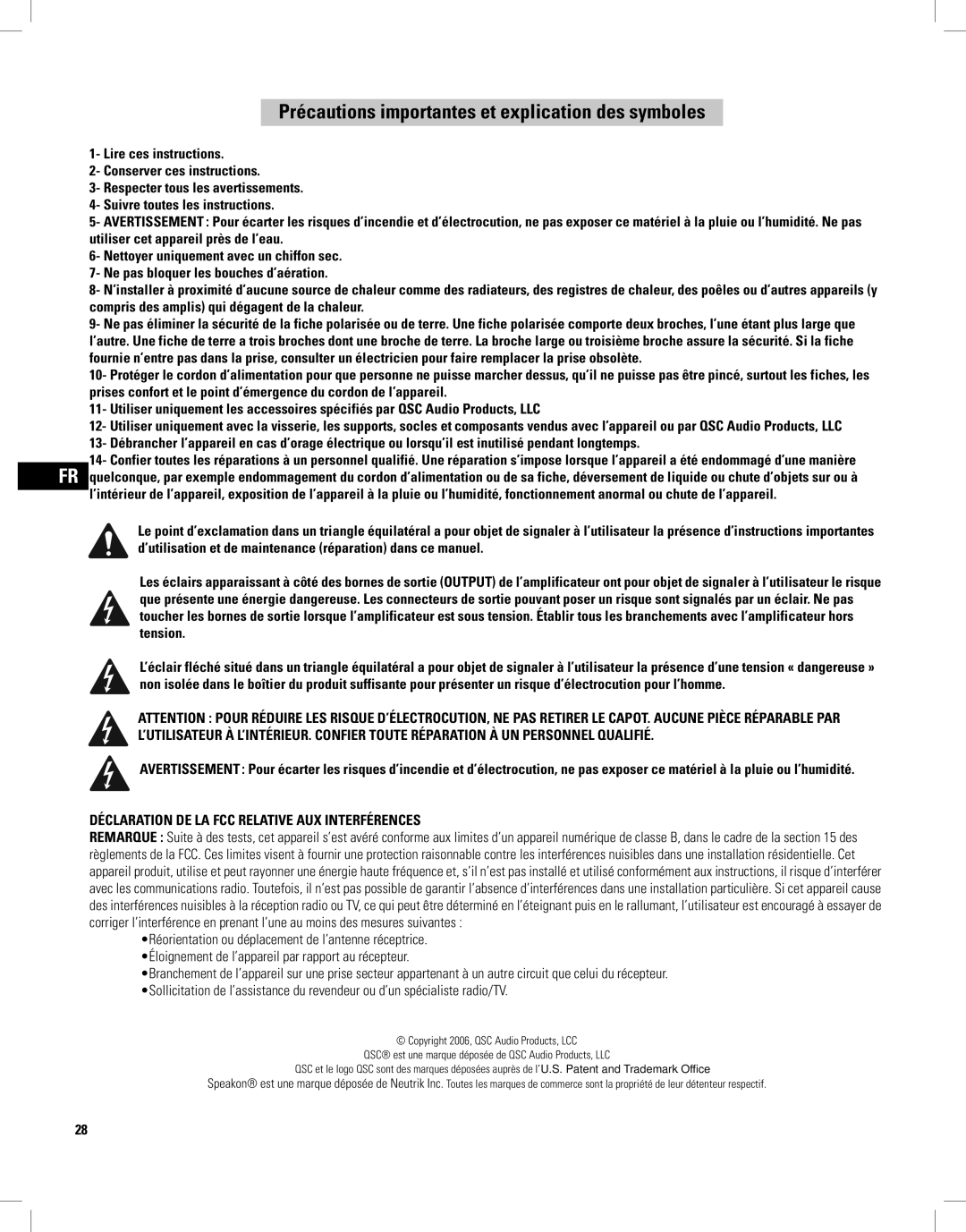 QSC Audio PLX3102 Précautions importantes et explication des symboles, Déclaration DE LA FCC Relative AUX Interférences 