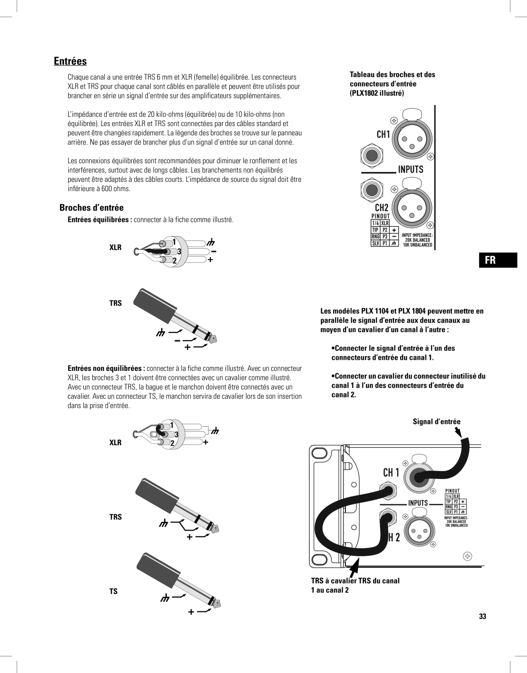 QSC Audio PLX3102, PLX1804, PLX2502, PLX1802 Broches d’entrée, Entrées équilibrées connecter à la fiche comme illustré 