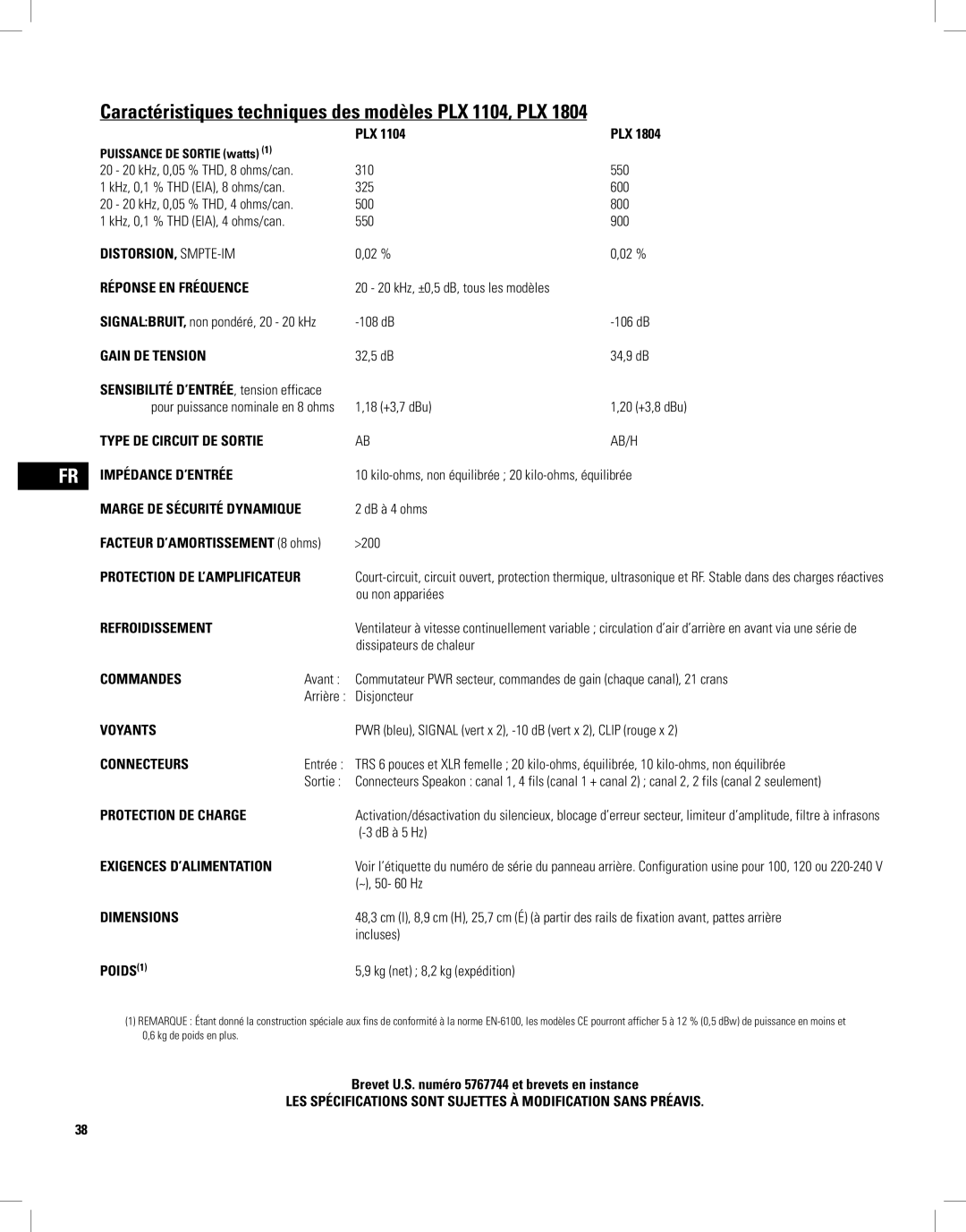 QSC Audio PLX3102, PLX1804, PLX2502, PLX1802, PLX3602 user manual Caractéristiques techniques des modèles PLX 1104, PLX 