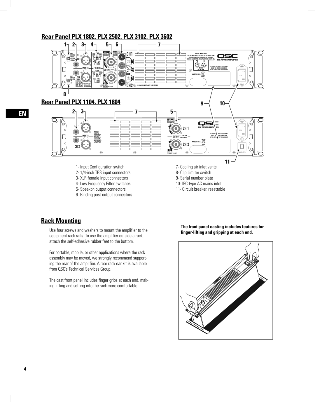 QSC Audio PLX3602 Rack Mounting, Input Configuration switch, Speakon output connectors, Binding post output connectors 