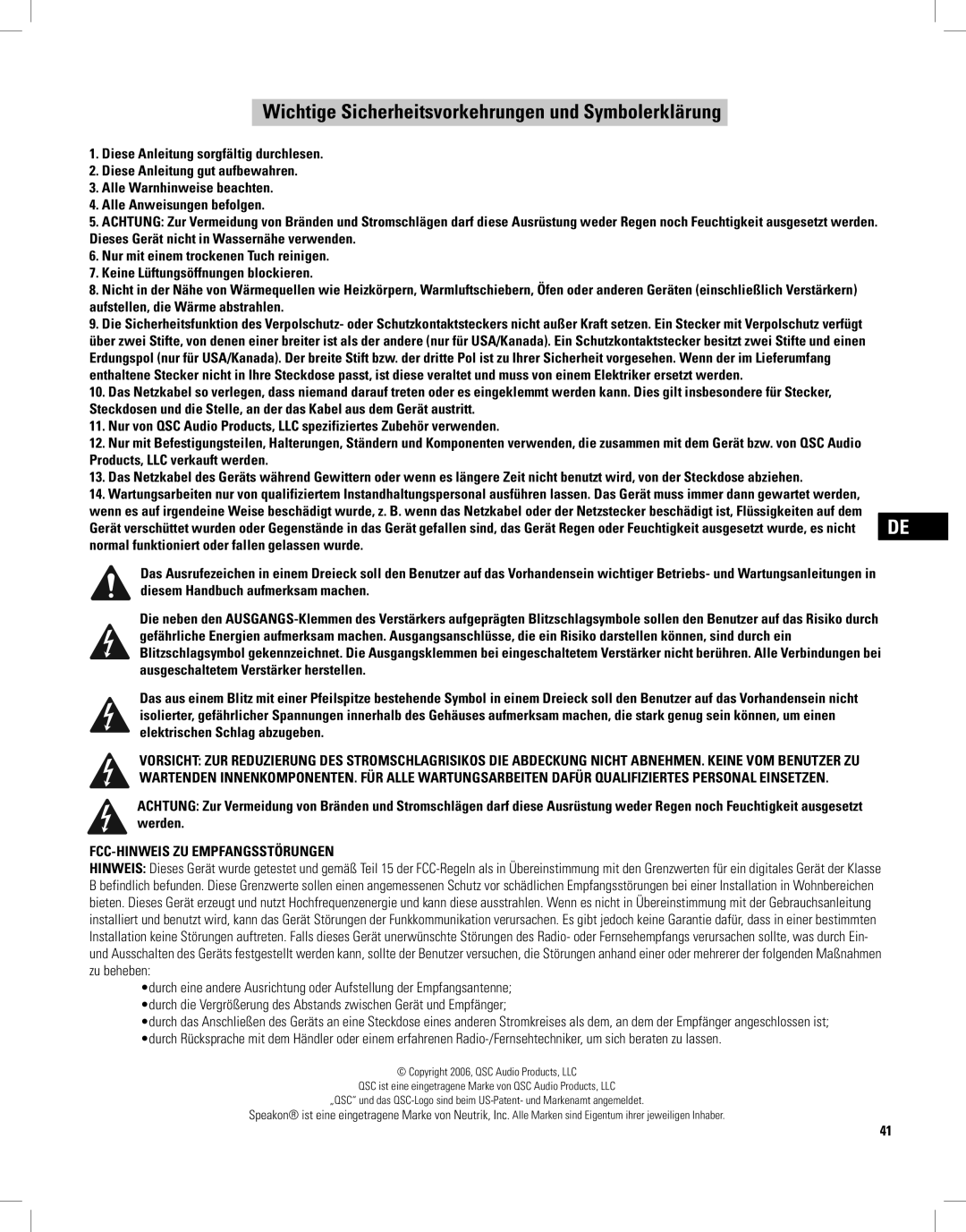 QSC Audio PLX2502, PLX1804, PLX1802 Wichtige Sicherheitsvorkehrungen und Symbolerklärung, FCC-HINWEIS ZU Empfangsstörungen 