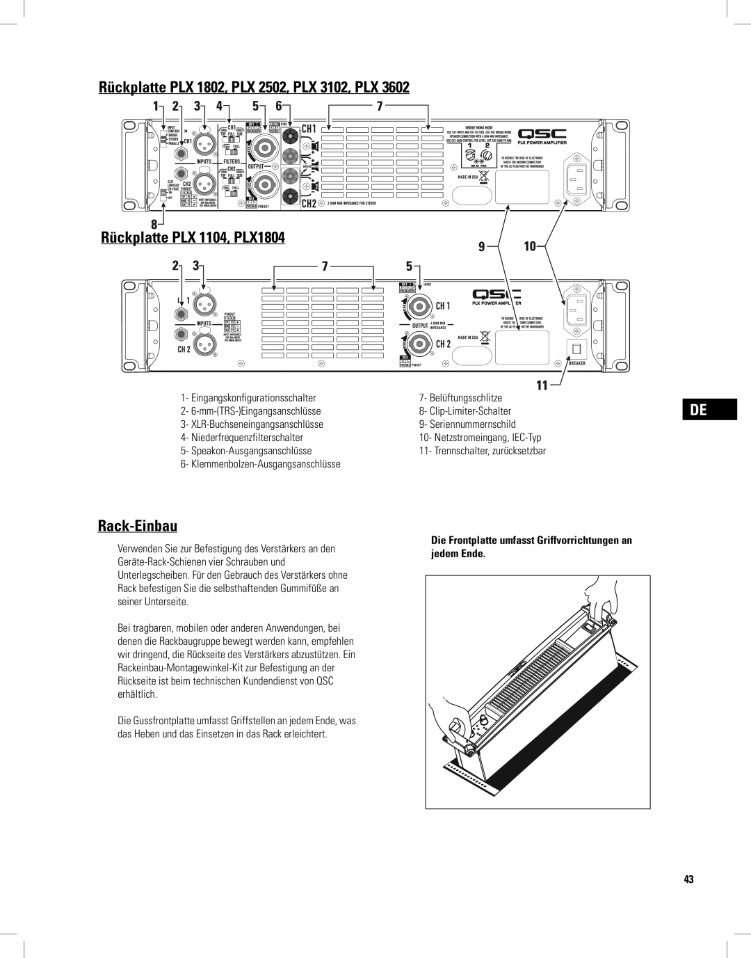 QSC Audio PLX3102, PLX1804, PLX2502, PLX1802 Rack-Einbau, Speakon-Ausgangsanschlüsse, Klemmenbolzen-Ausgangsanschlüsse 