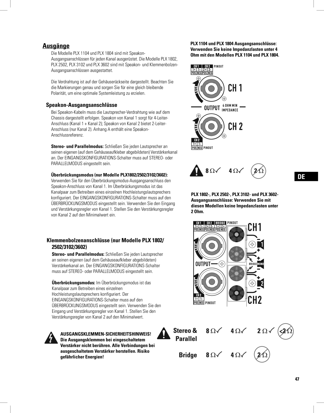 QSC Audio PLX1802, PLX1804, PLX2502, PLX3102, PLX3602 user manual Ausgänge, Speakon-Ausgangsanschlüsse 