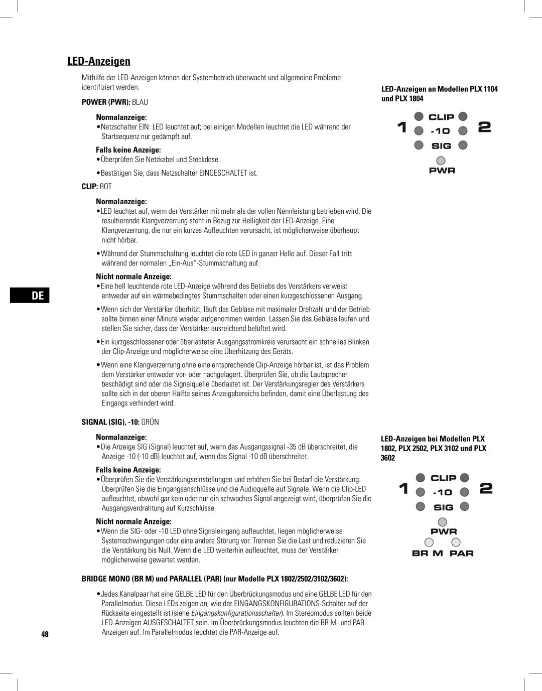 QSC Audio PLX3102, PLX1804, PLX2502, PLX1802, PLX3602 user manual LED-Anzeigen, Power PWR Blau, Clip ROT, Signal SIG, -10 Grün 