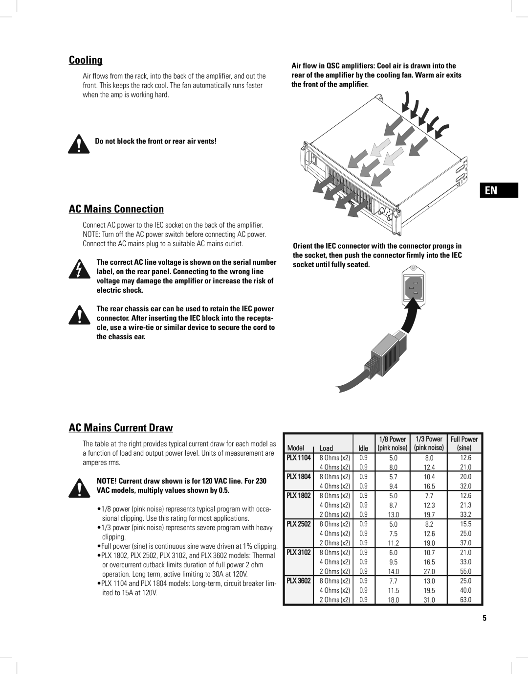 QSC Audio PLX1804, PLX2502, PLX1802, PLX3102, PLX3602 user manual Cooling, AC Mains Connection, AC Mains Current Draw 