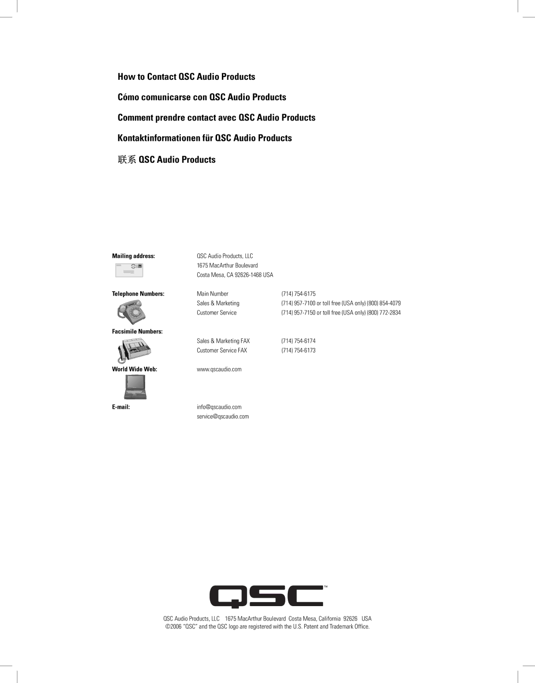 QSC Audio PLX3102, PLX1804, PLX2502, PLX1802, PLX3602 user manual Mailing address 