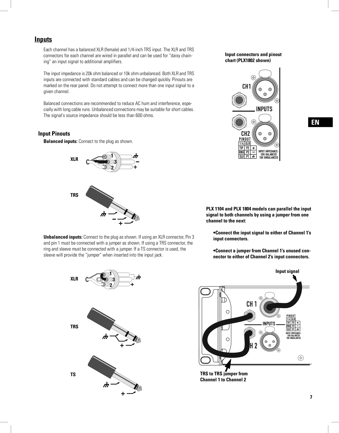 QSC Audio PLX1802, PLX1804, PLX2502, PLX3102, PLX3602 user manual Inputs, Input Pinouts, Xlr Trs 