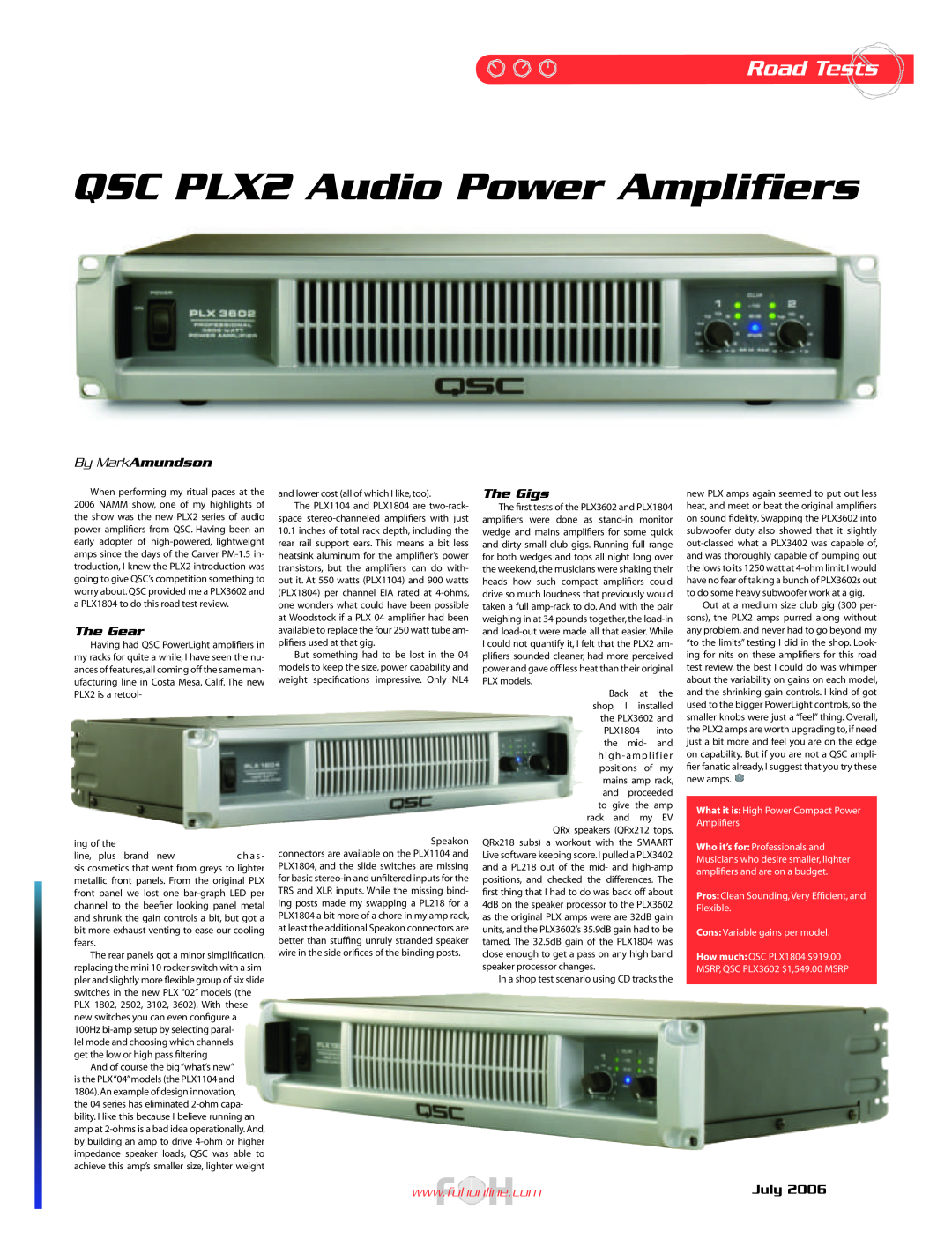 QSC Audio specifications QSC PLX2 Audio Power Amplifiers, Road Tests, By MarkAmundson, The Gear, The Gigs, July 