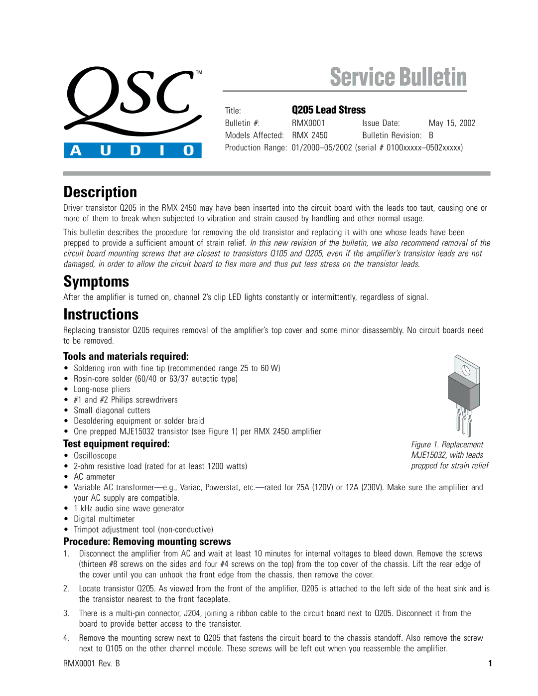 QSC Audio Q205 manual Description, Symptoms, Instructions 