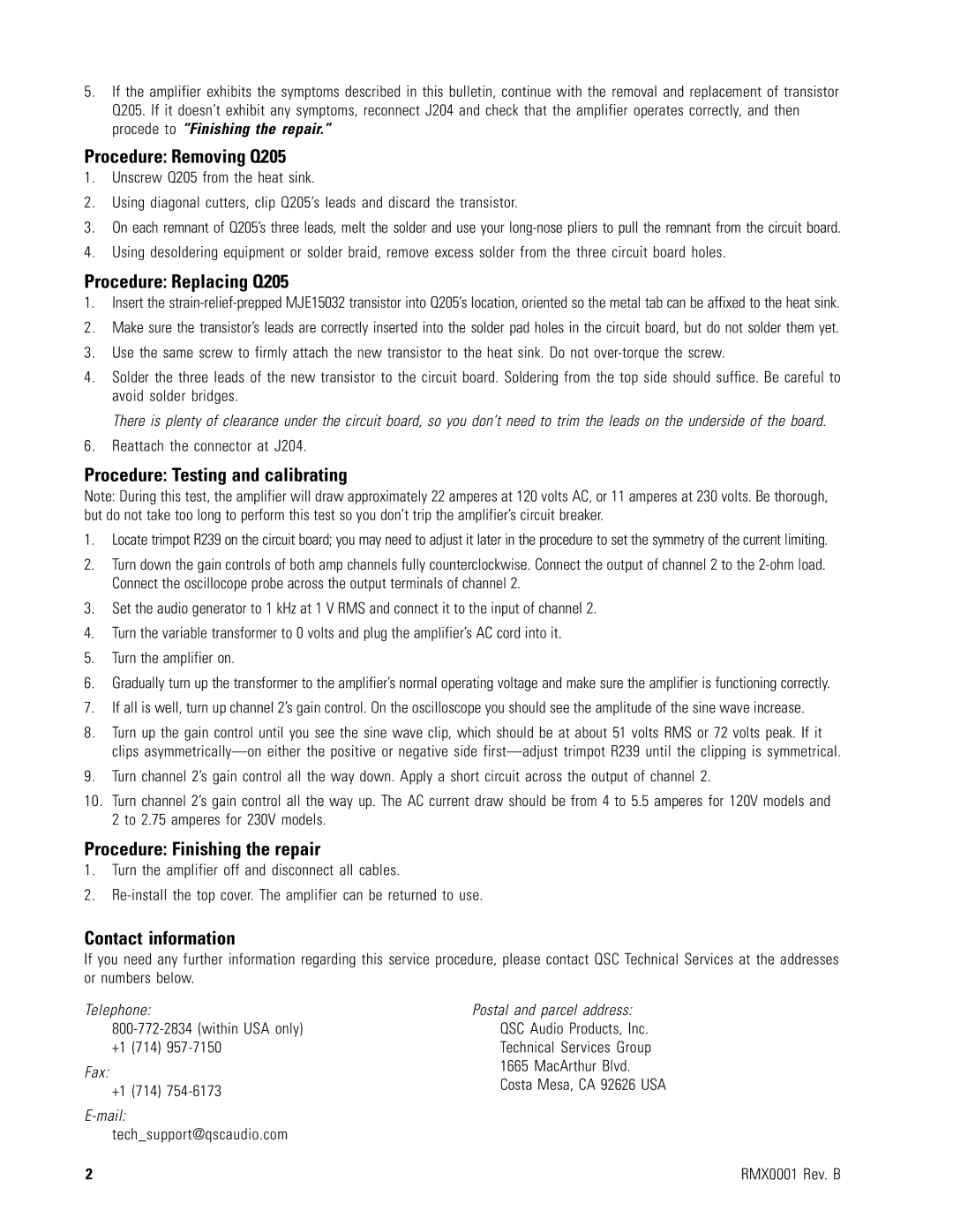 QSC Audio Procedure Removing Q205, Procedure Replacing Q205, Procedure Testing and calibrating, Contact information 