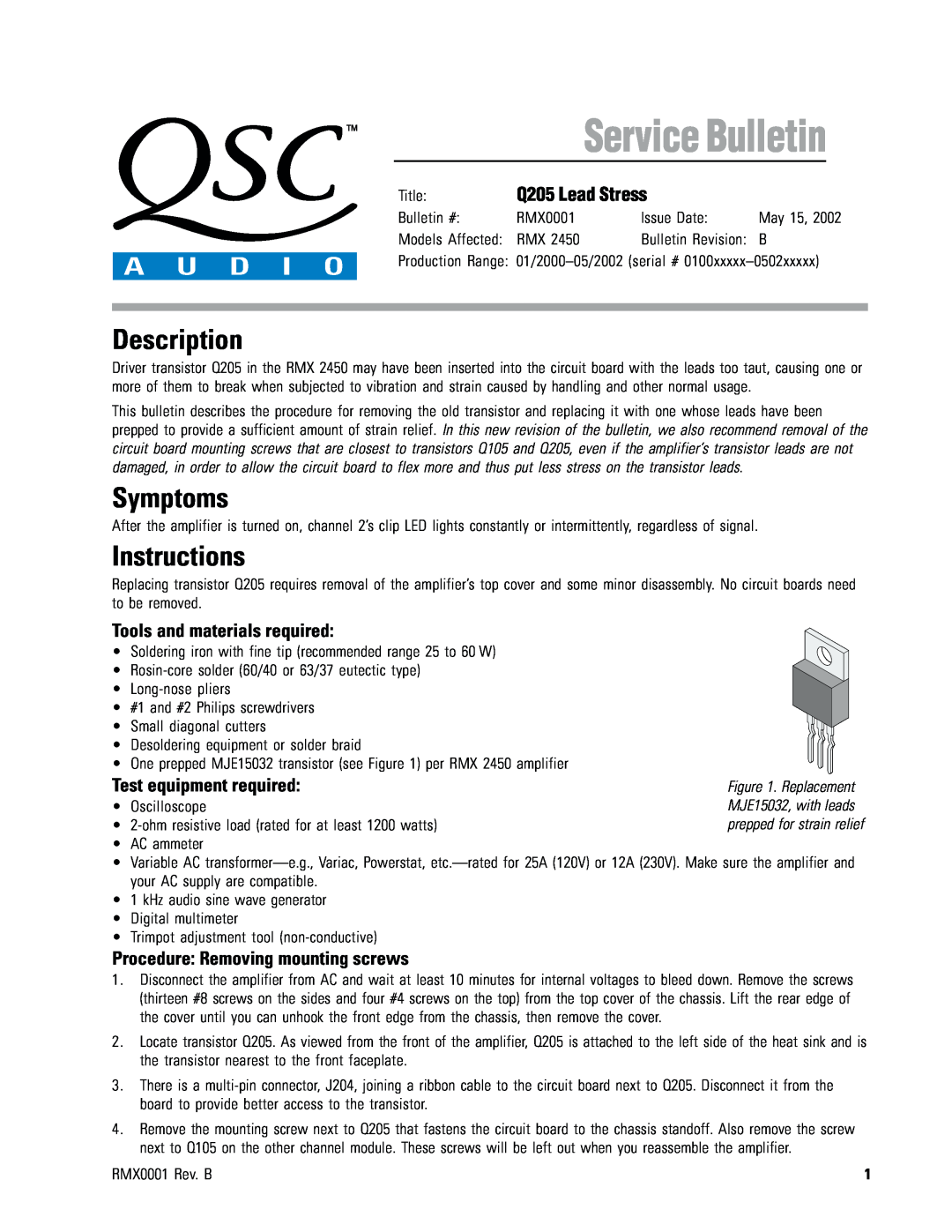 QSC Audio manual Q205 Lead Stress, Tools and materials required, Test equipment required, Service Bulletin, Description 