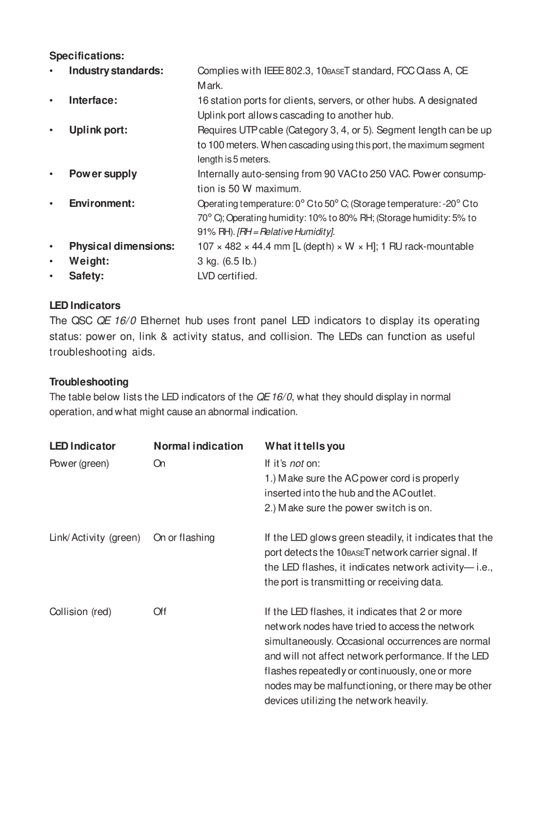 QSC Audio QE 16/0 Specifications, Interface, Uplink port, Power supply, Environment, Physical dimensions, Weight, Safety 