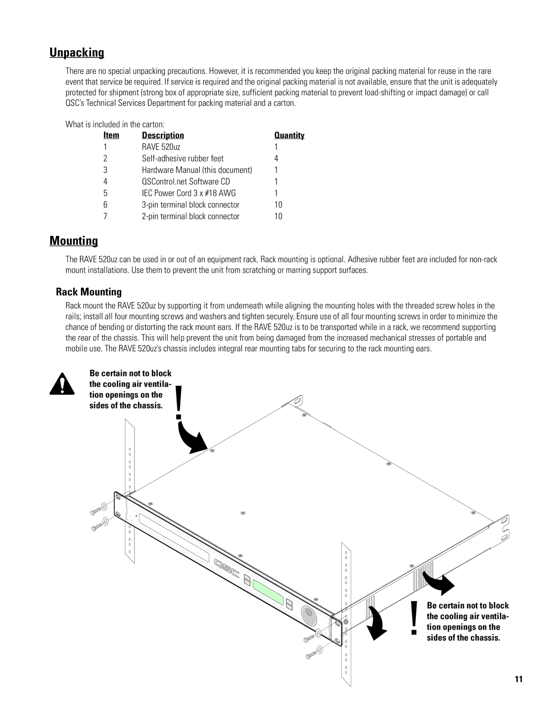 QSC Audio RAVE 520uz manual Unpacking, Rack Mounting, Description 