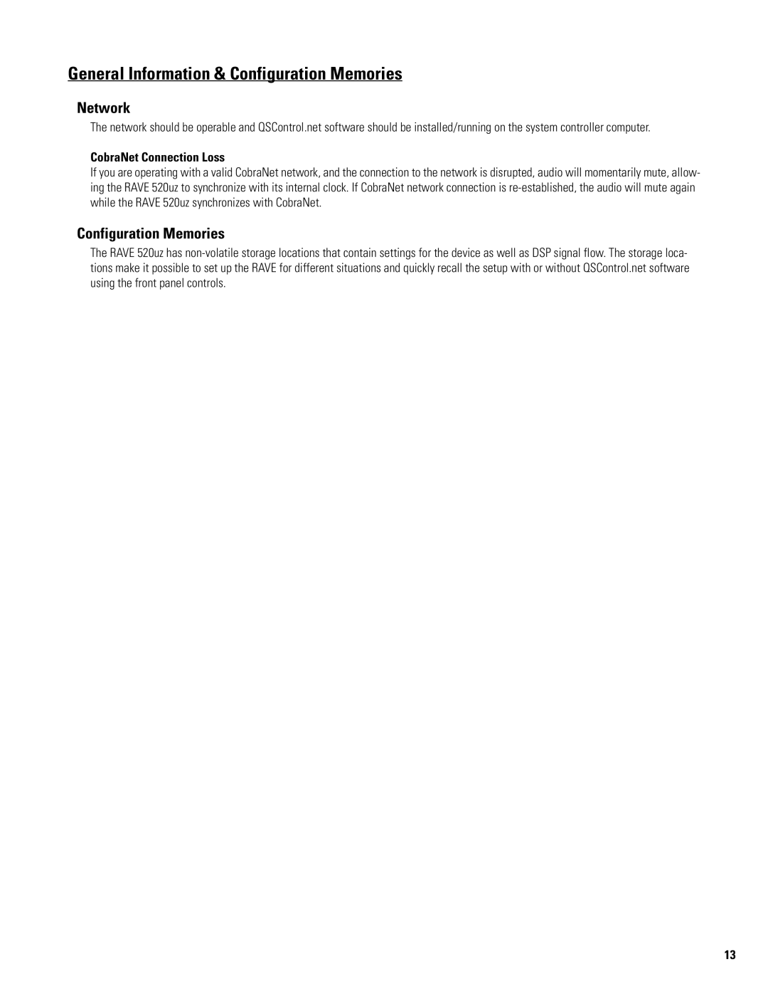 QSC Audio RAVE 520uz manual General Information & Configuration Memories, Network, CobraNet Connection Loss 