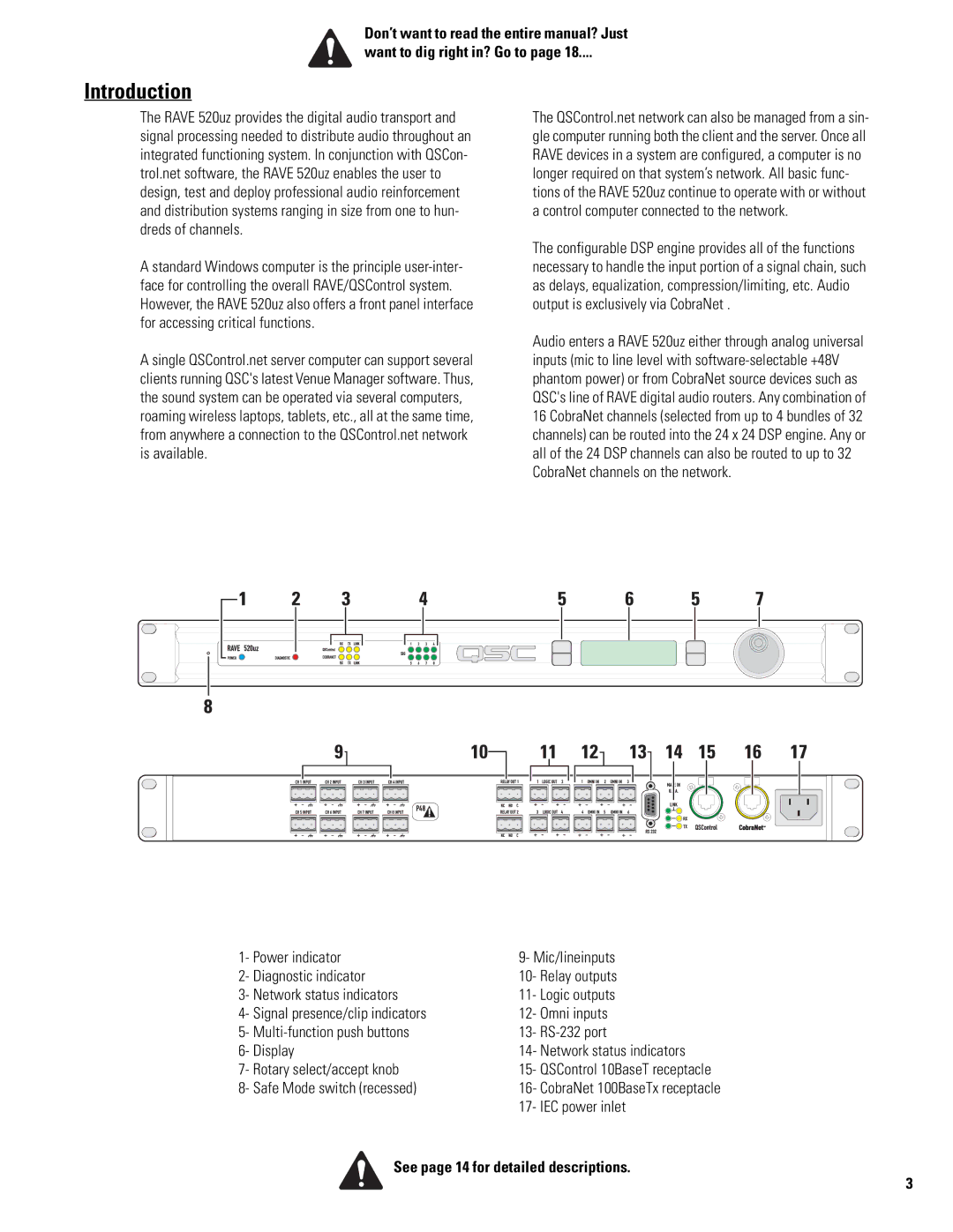 QSC Audio RAVE 520uz manual Introduction, See page 14 for detailed descriptions 