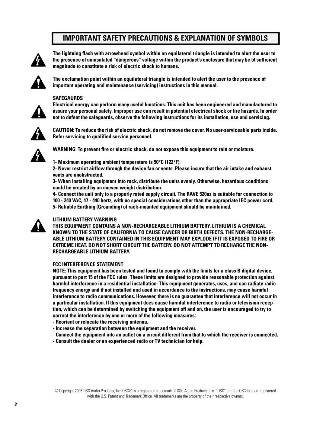 QSC Audio RAVE 520uz manual Safegaurds, Lithium Battery Warning, Fcc Interference Statement 