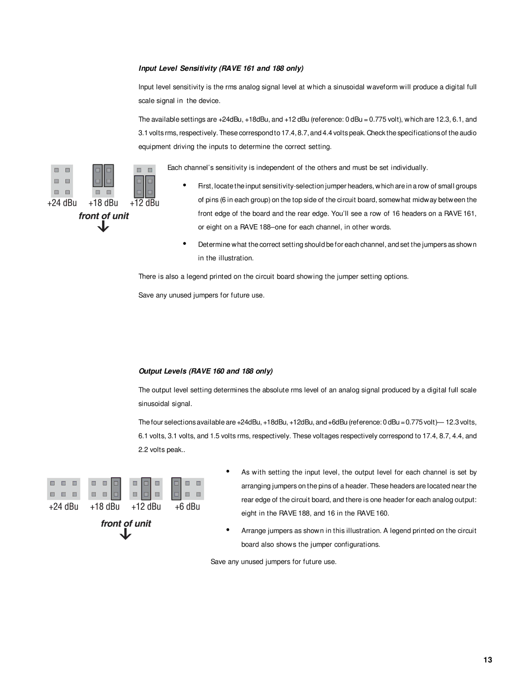 QSC Audio RAVE 160, RAVE 81, RAVE 161 Input Level Sensitivity Rave 161 and 188 only, Output Levels Rave 160 and 188 only 