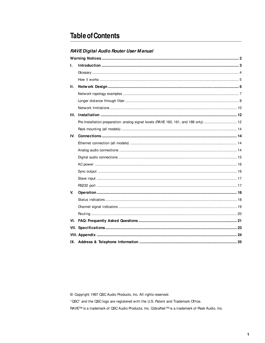 QSC Audio RAVE 160, RAVE 81, RAVE 161, RAVE 188, RAVE 88, RAVE 80 user manual TableofContents 