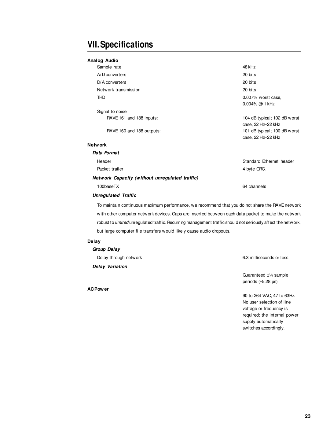 QSC Audio RAVE 81, RAVE 161, RAVE 160, RAVE 188, RAVE 88, RAVE 80 user manual VII.Specifications 