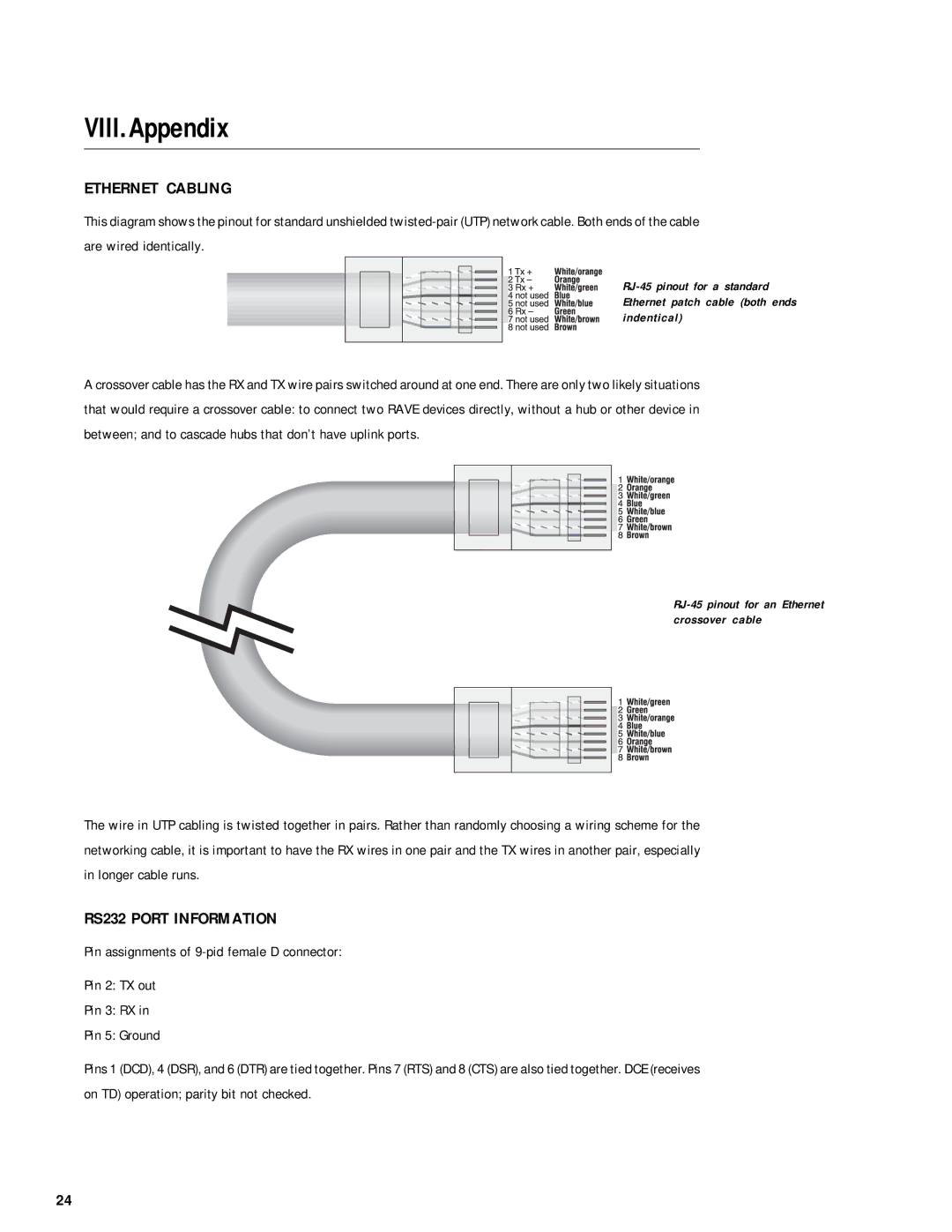 QSC Audio RAVE 161, RAVE 81, RAVE 160, RAVE 188, RAVE 88, RAVE 80 VIII.Appendix, Ethernet Cabling, RS232 Port Information 