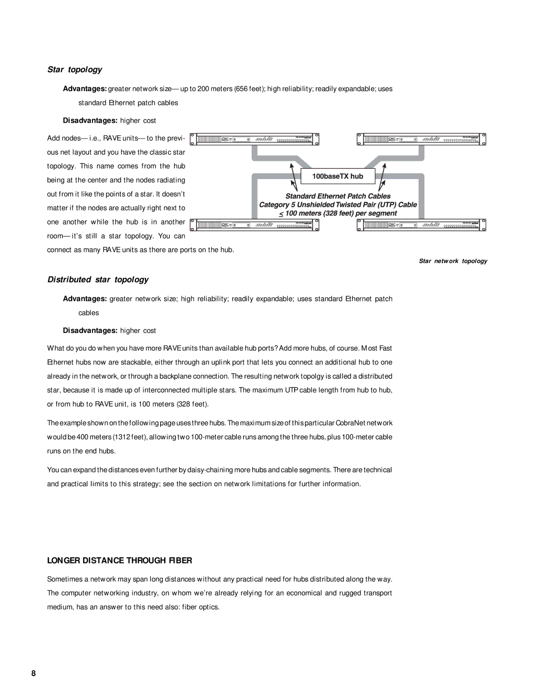 QSC Audio RAVE 188, RAVE 81, RAVE 161, RAVE 160, RAVE 88, RAVE 80 user manual Star topology, Longer Distance Through Fiber 