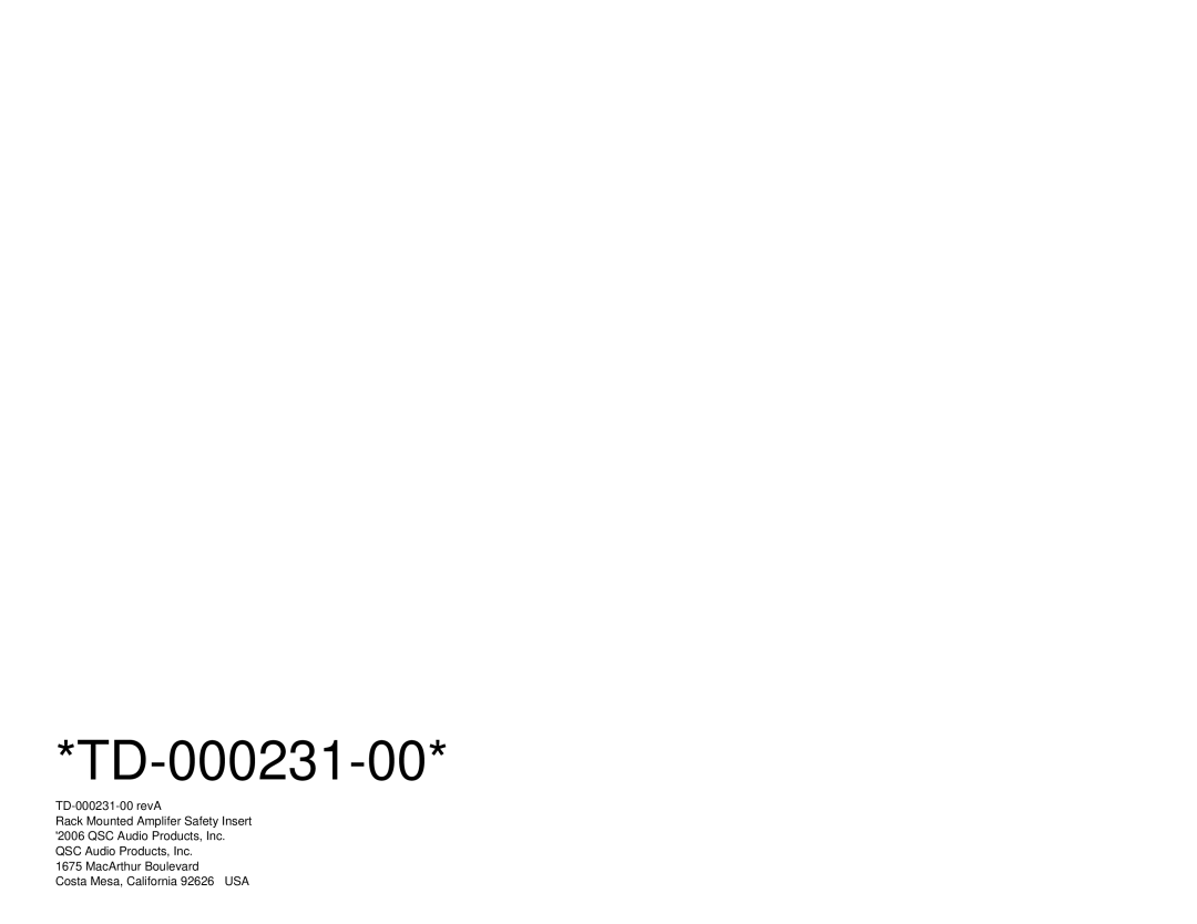 QSC Audio RMX 850, RMX 2450, RMX 1850HD, RMX 1450 TD-000231-00 revA, MacArthur Boulevard Costa Mesa, California 92626 USA 