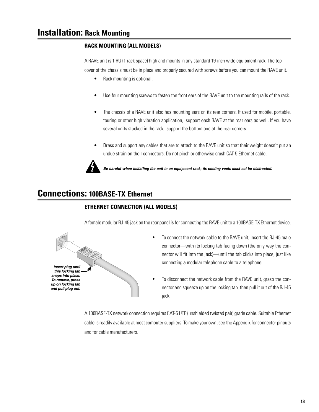 QSC Audio S series user manual Installation Rack Mounting, Connections 100BASE-TX Ethernet, Rack Mounting ALL Models 