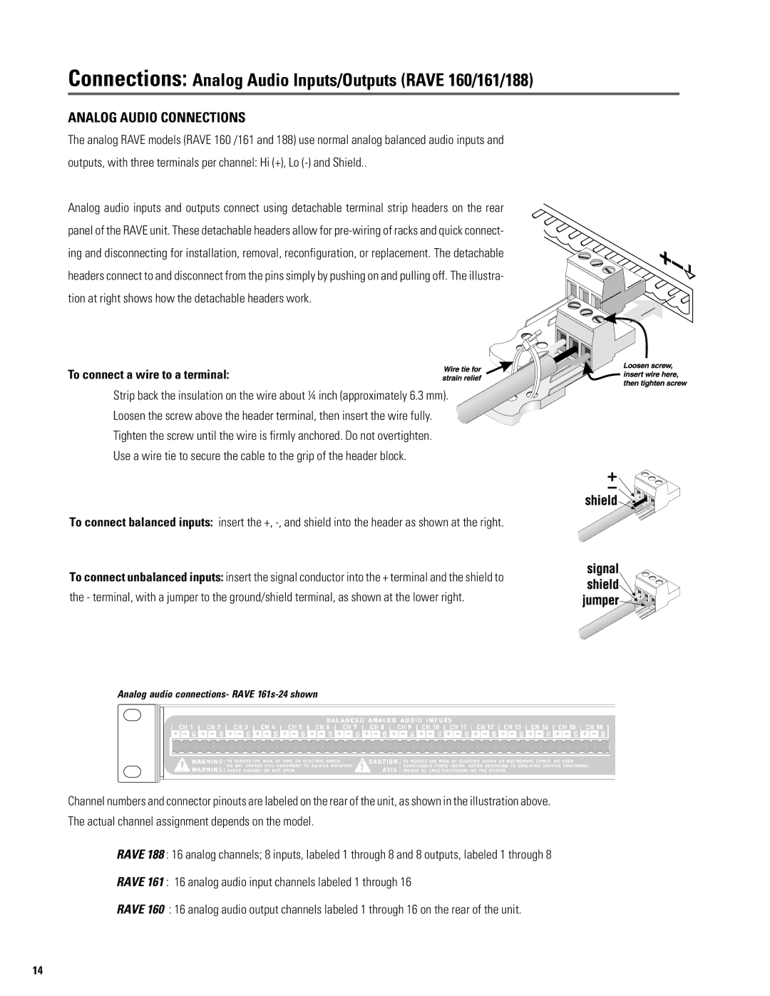 QSC Audio S series user manual Connections Analog Audio Inputs/Outputs Rave 160/161/188, Analog Audio Connections 