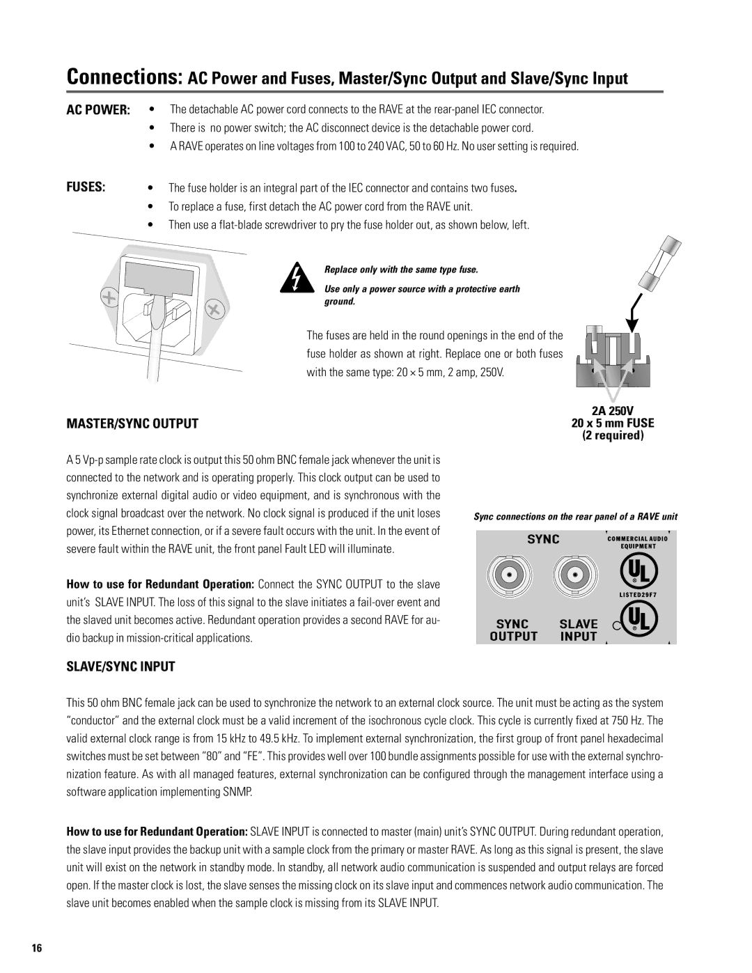 QSC Audio S series user manual AC Power, Fuses, SLAVE/SYNC Input 