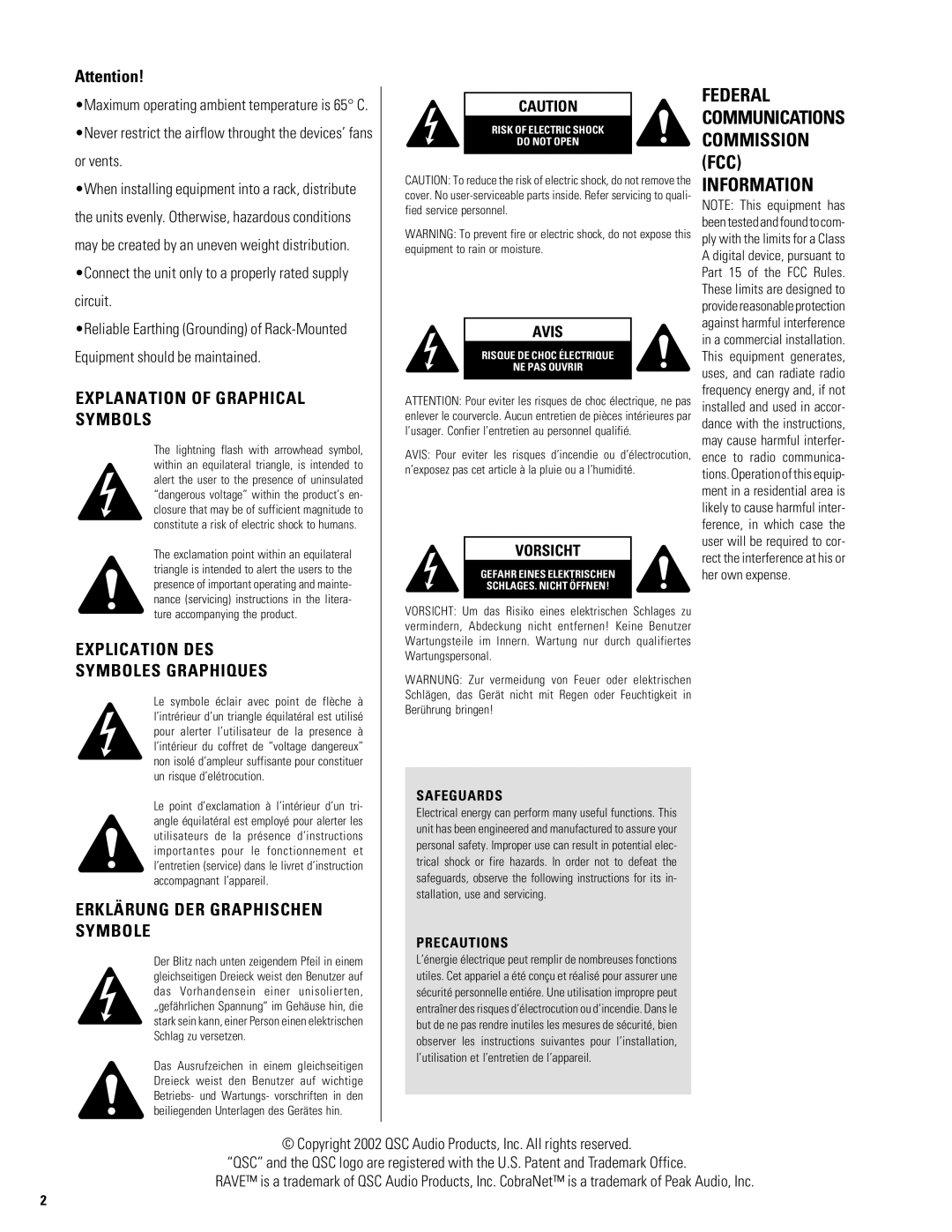 QSC Audio S series user manual Explanation of Graphical Symbols, Explication DES Symboles Graphiques 