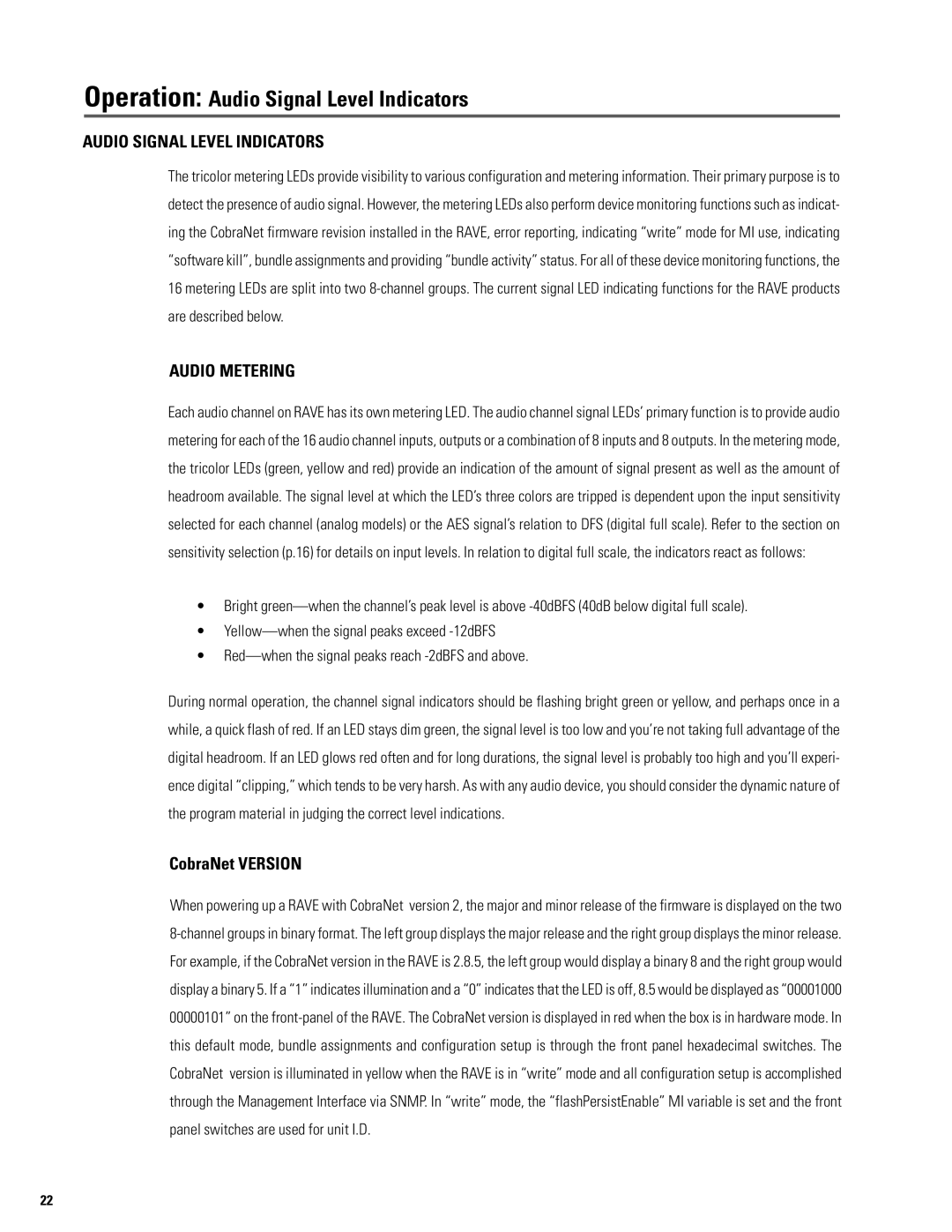 QSC Audio S series user manual Operation Audio Signal Level Indicators, Audio Metering 