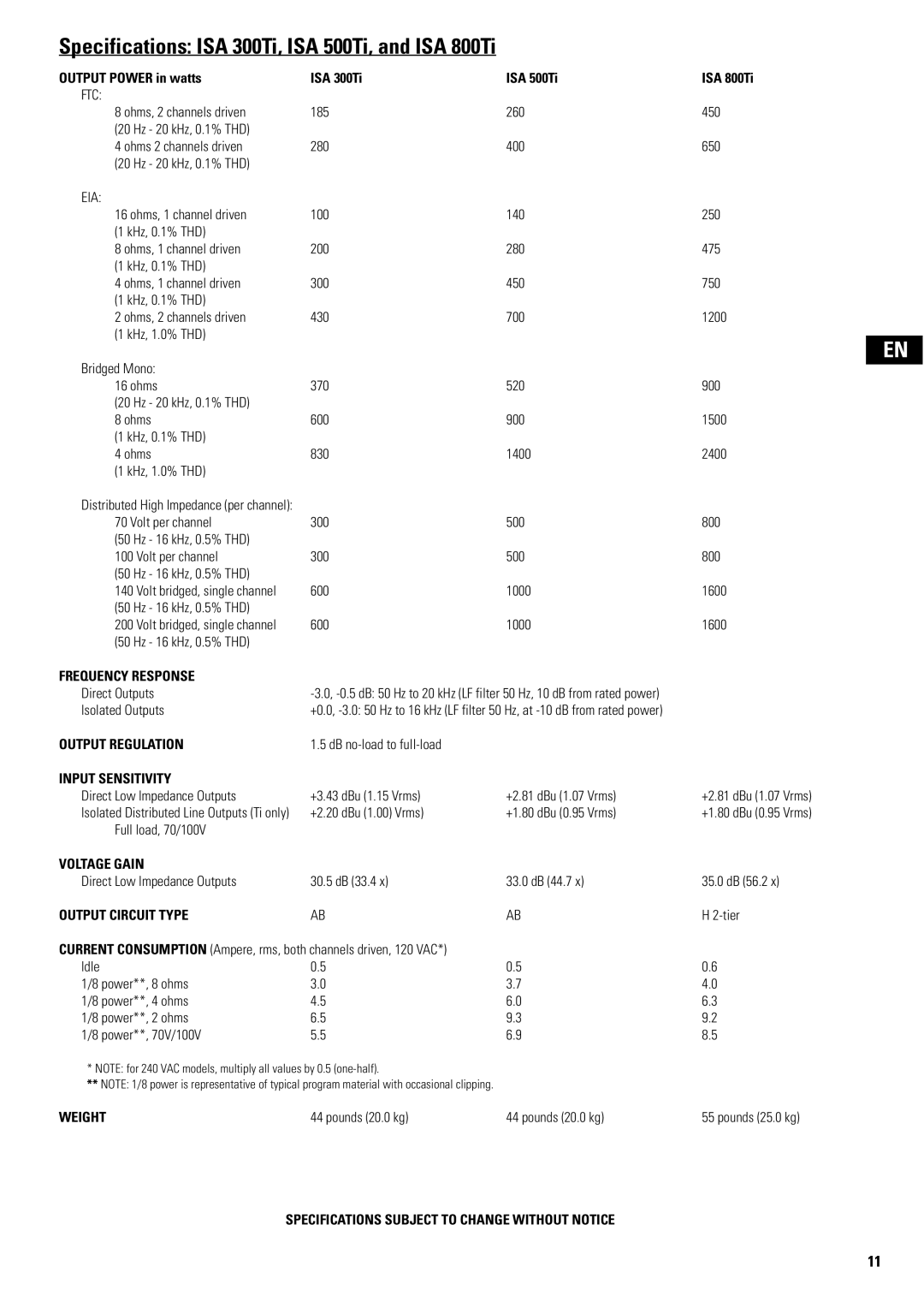 QSC Audio SA 1350 Specifications ISA 300Ti, ISA 500Ti, and ISA 800Ti, Output Power in watts ISA 300Ti ISA 500Ti ISA 800Ti 