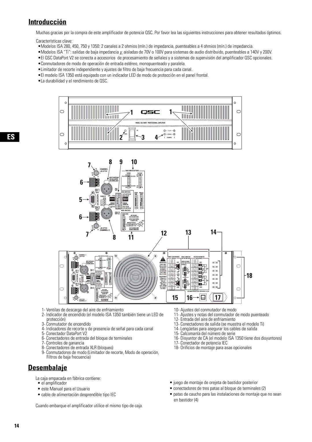 QSC Audio SA 1350 user manual Introducción, Desembalaje 