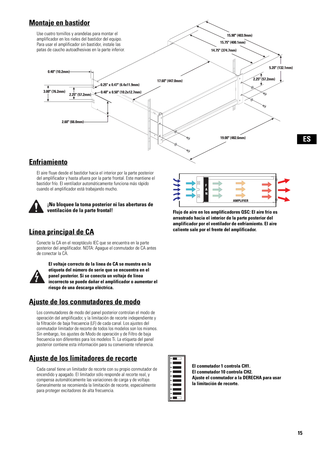 QSC Audio SA 1350 user manual Montaje en bastidor, Enfriamiento, Línea principal de CA, Ajuste de los conmutadores de modo 