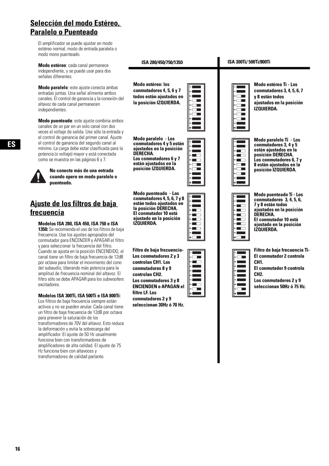 QSC Audio SA 1350 user manual Ajuste de los filtros de baja frecuencia, Izquierda, Derecha 