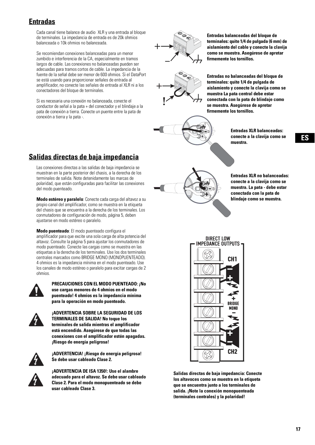 QSC Audio SA 1350 user manual Entradas, Salidas directas de baja impedancia 