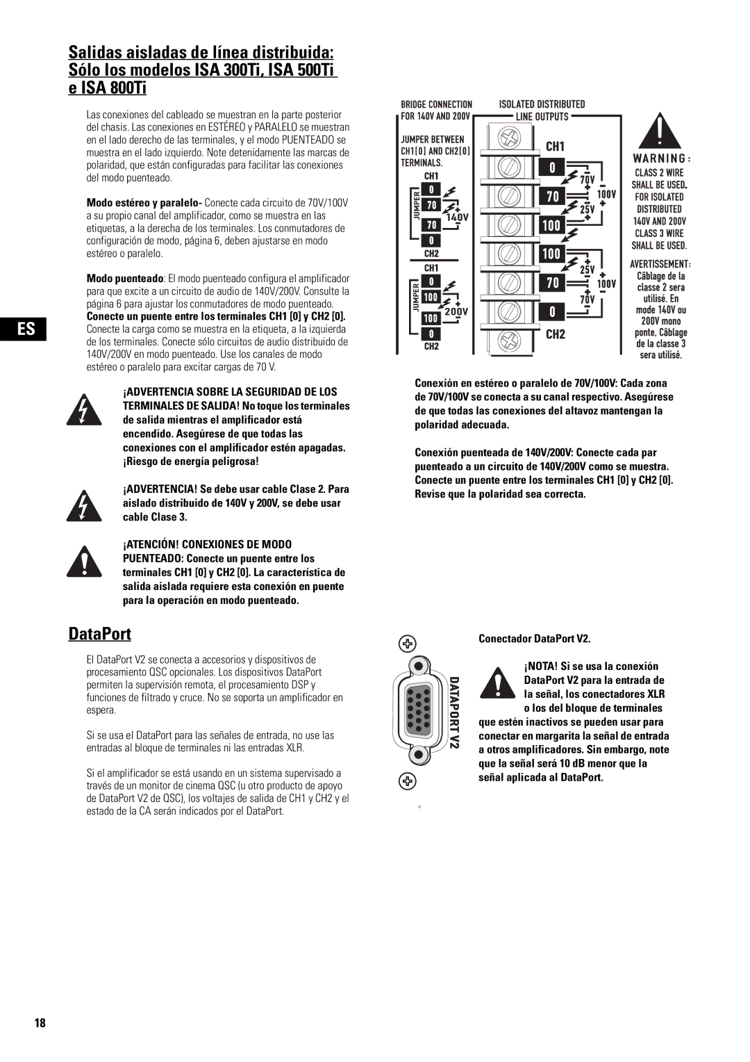 QSC Audio SA 1350 user manual Conecte un puente entre los terminales CH1 0 y CH2, Conectador DataPort 