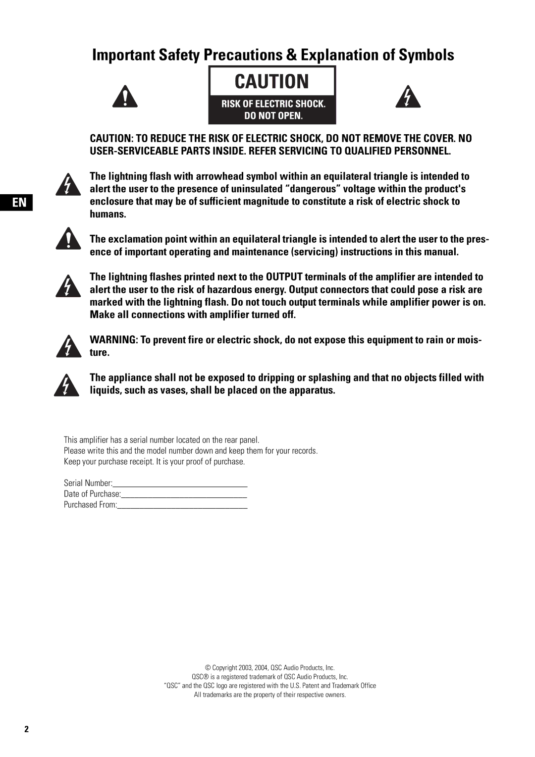 QSC Audio SA 1350 user manual Important Safety Precautions & Explanation of Symbols 