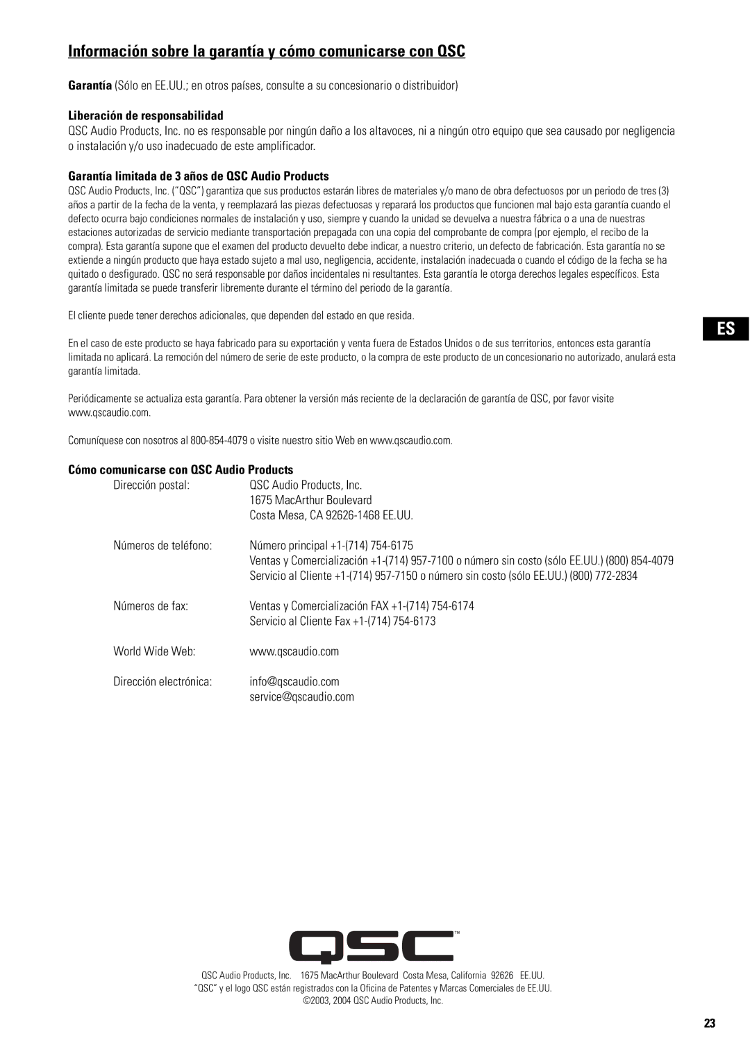 QSC Audio SA 1350 user manual Liberación de responsabilidad, Garantía limitada de 3 años de QSC Audio Products 