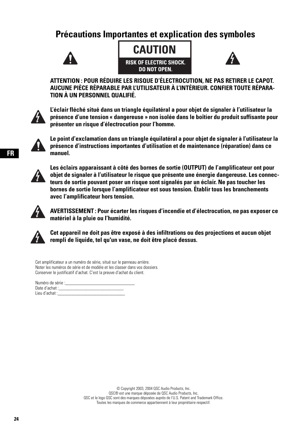 QSC Audio SA 1350 user manual Précautions Importantes et explication des symboles 