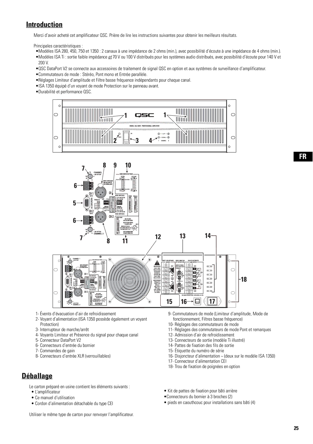 QSC Audio SA 1350 user manual Déballage, 10- Réglages des commutateurs de mode 