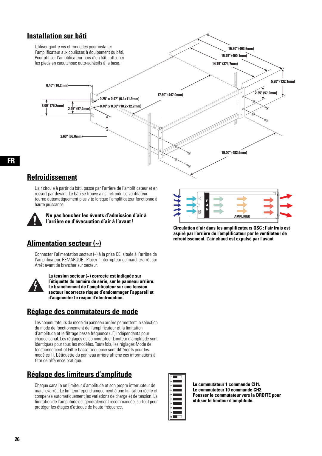 QSC Audio SA 1350 Installation sur bâti, Refroidissement, Alimentation secteur ~, Réglage des commutateurs de mode 