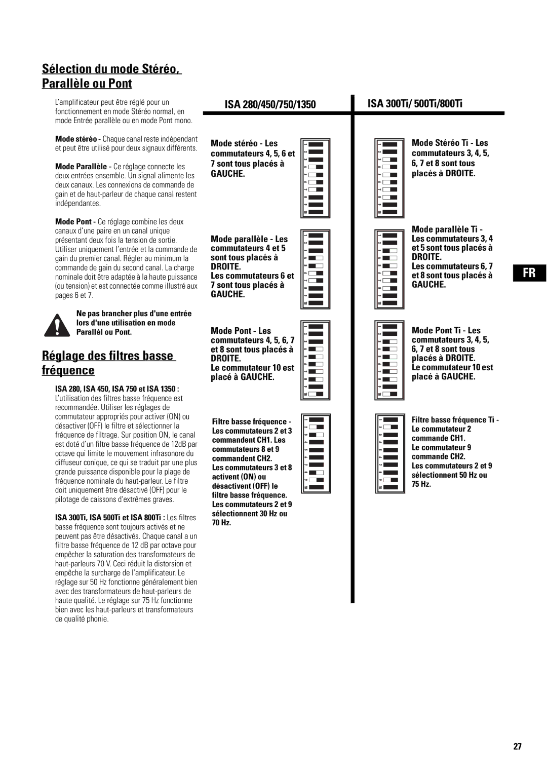 QSC Audio SA 1350 user manual Réglage des filtres basse fréquence 