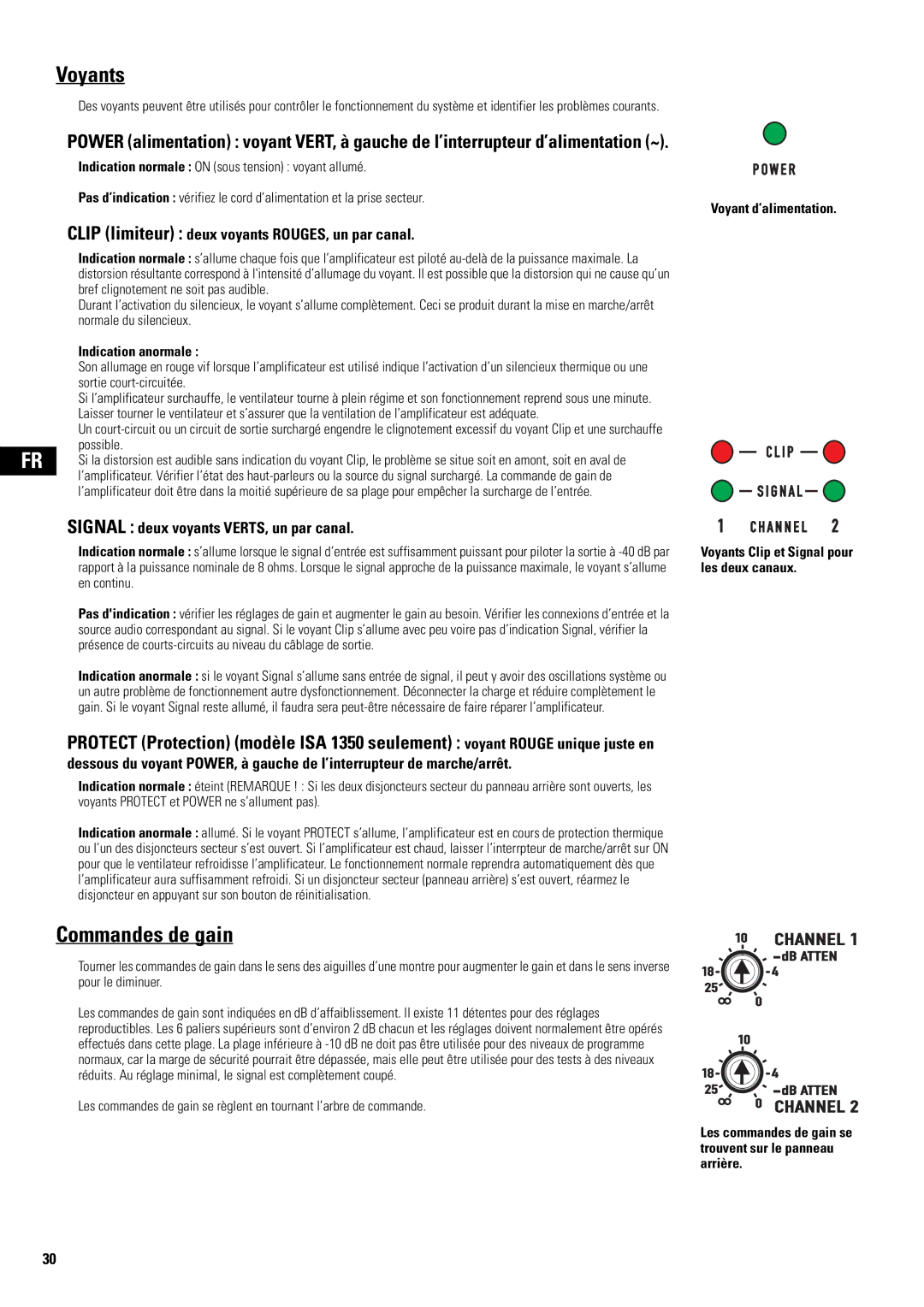 QSC Audio SA 1350 user manual Voyants, Commandes de gain, Clip limiteur deux voyants ROUGES, un par canal 