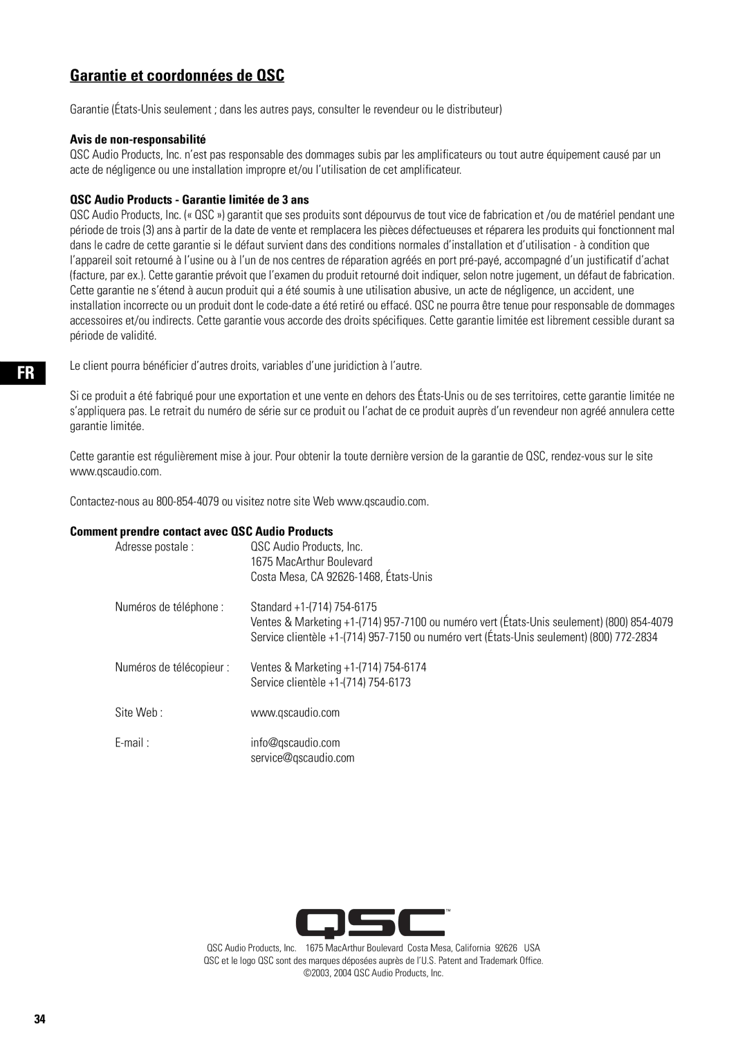 QSC Audio SA 1350 user manual Avis de non-responsabilité, QSC Audio Products Garantie limitée de 3 ans 