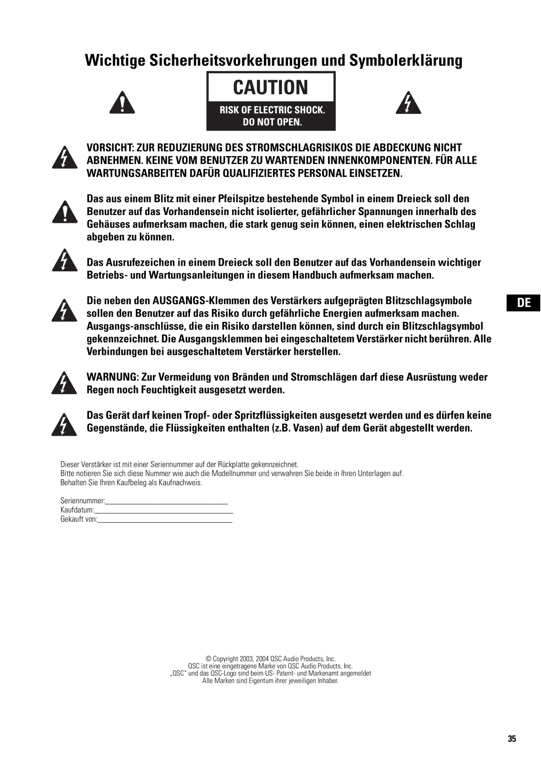 QSC Audio SA 1350 user manual Wichtige Sicherheitsvorkehrungen und Symbolerklärung 