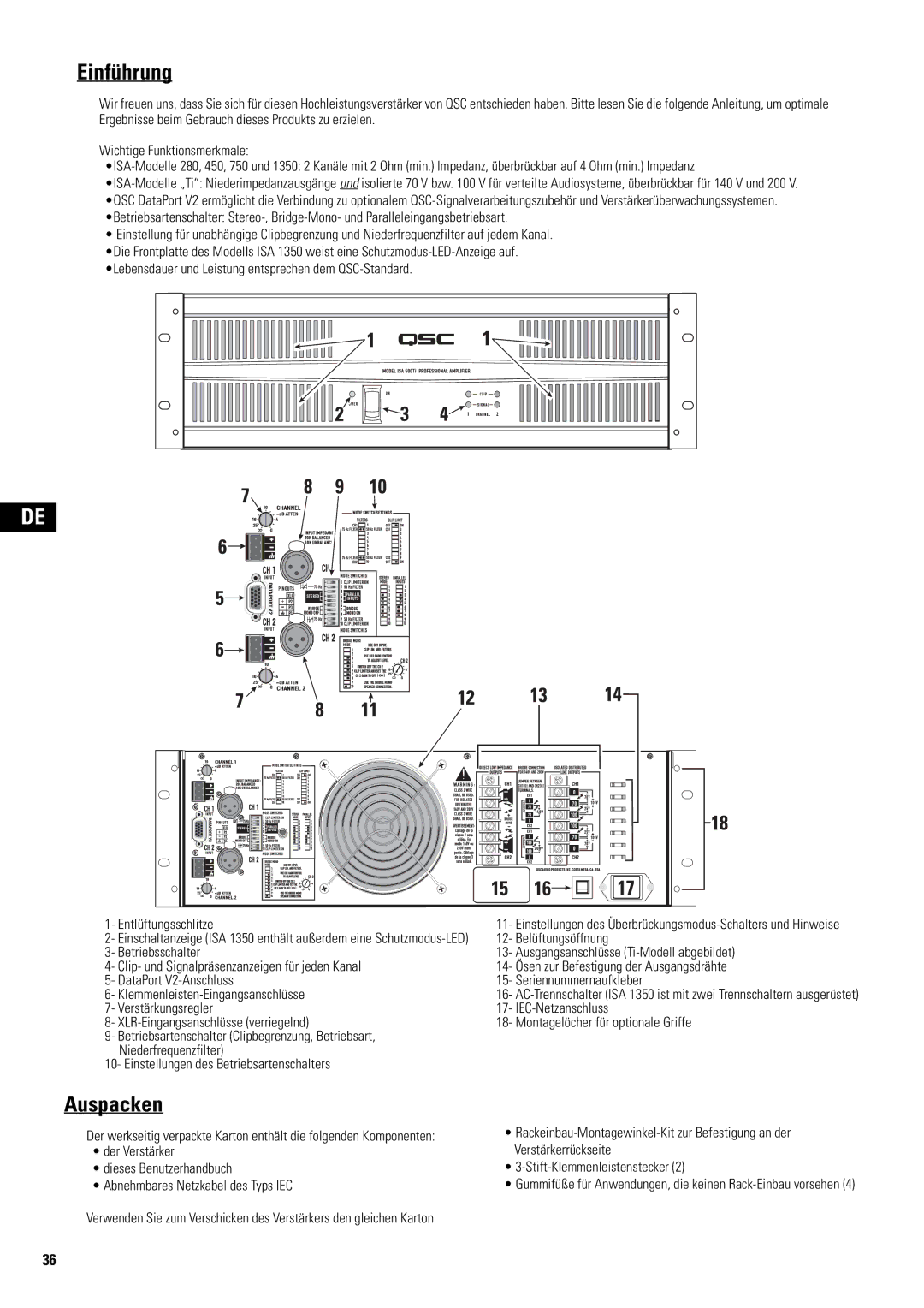 QSC Audio SA 1350 user manual Einführung, Auspacken 