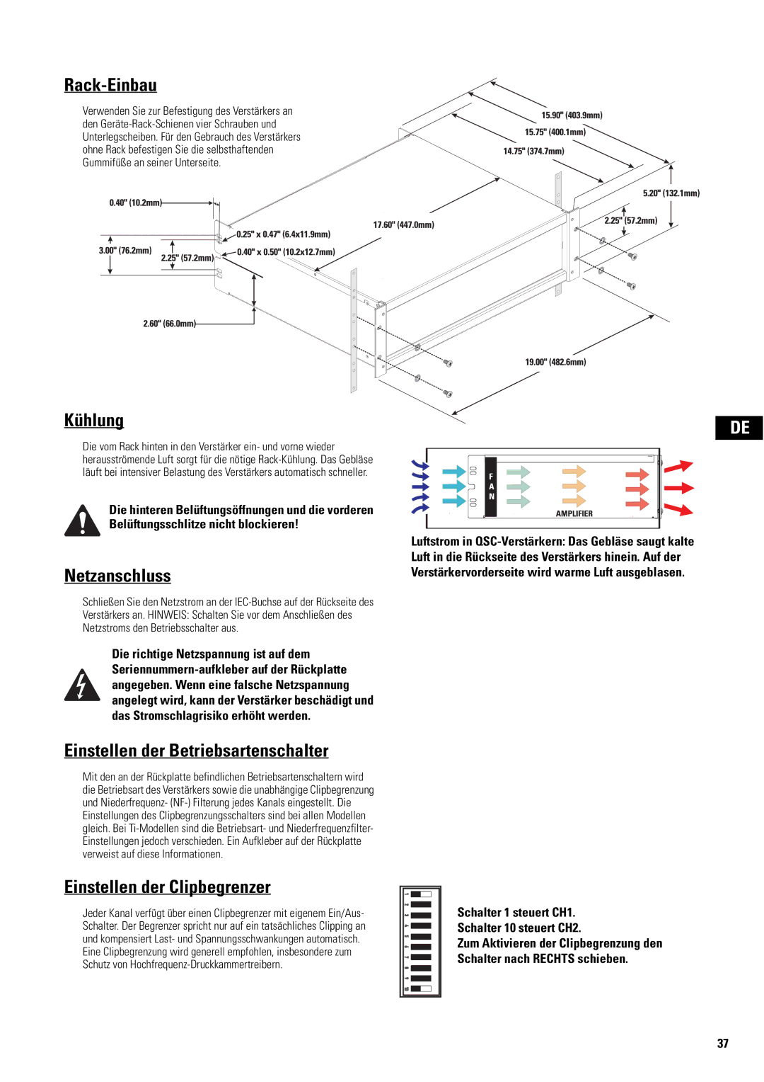 QSC Audio SA 1350 Rack-Einbau, Kühlung, Netzanschluss, Einstellen der Betriebsartenschalter, Einstellen der Clipbegrenzer 